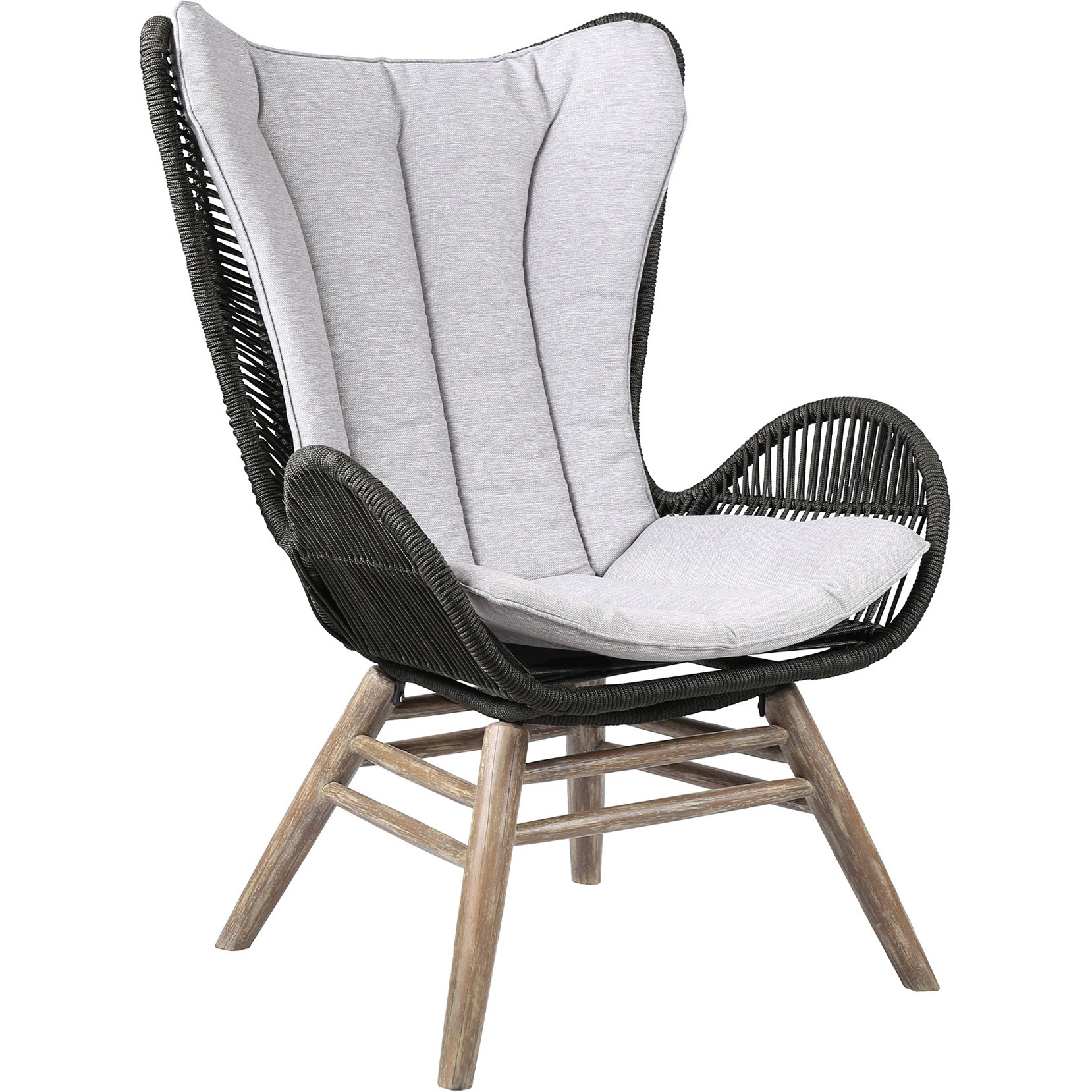 King Indoor Outdoor Lounge Chair In Light Eucalyptus Wood With Truffle Rope And Grey Cushion