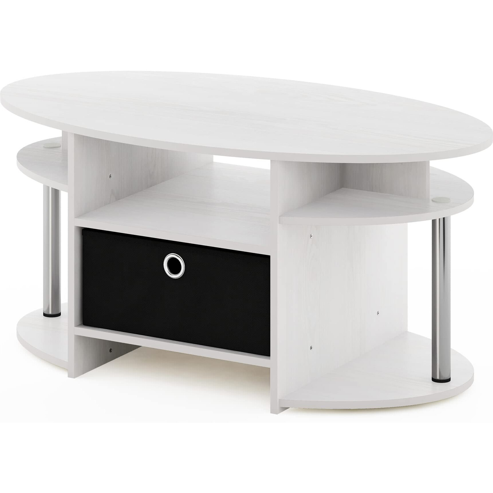 Furinno Jaya Simple Design Oval Coffee Table With Bin For Living Room  White Oakchromeblack