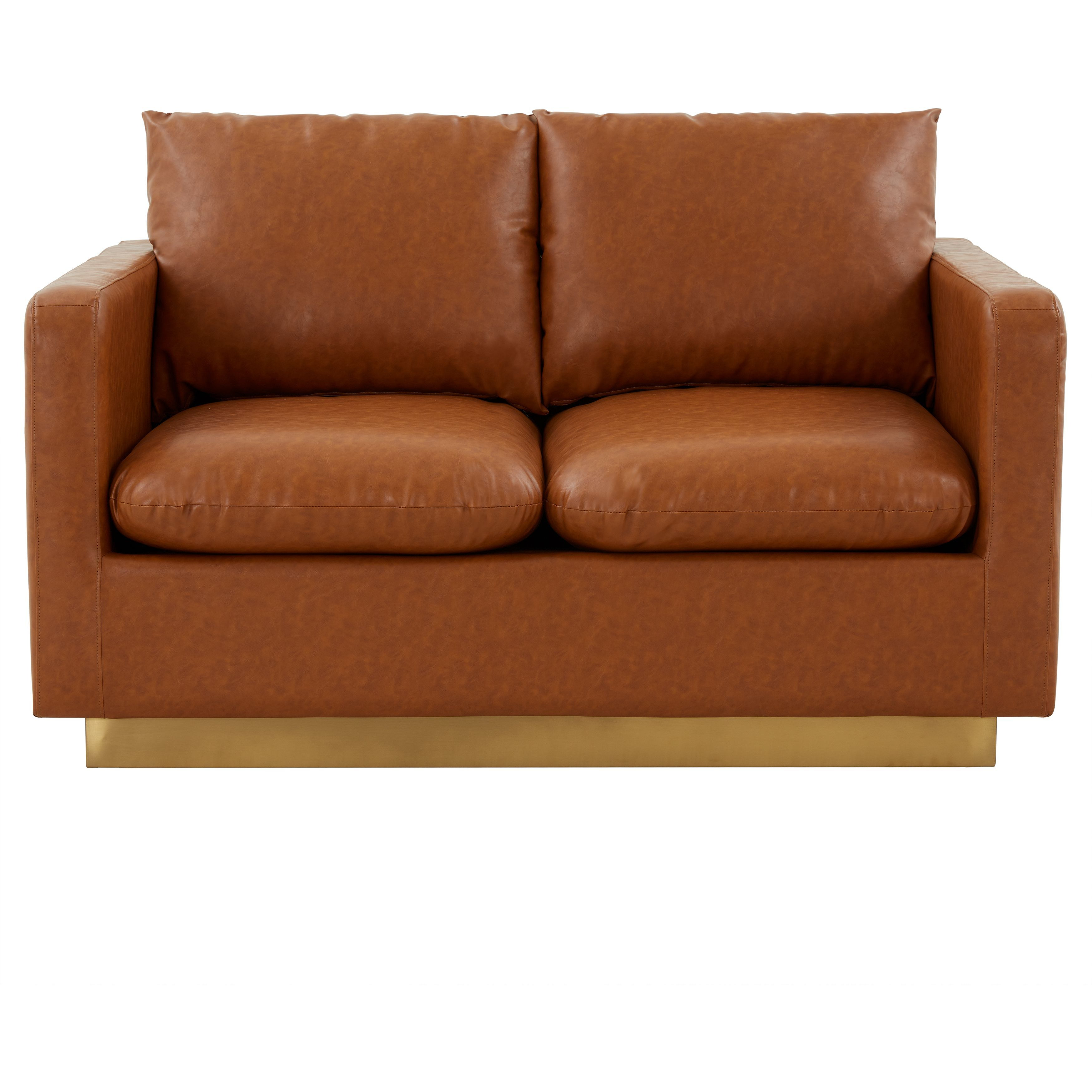 Leisuremod Nervo Modern Mid-Century Upholstered Leather Loveseat With Gold Frame