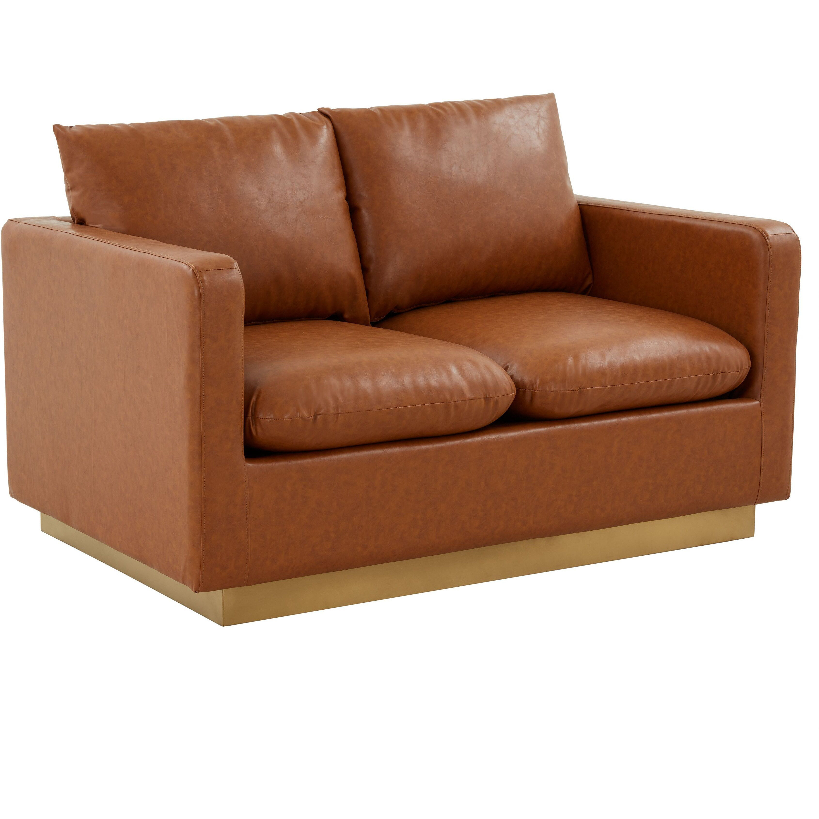 Leisuremod Nervo Modern Mid-Century Upholstered Leather Loveseat With Gold Frame