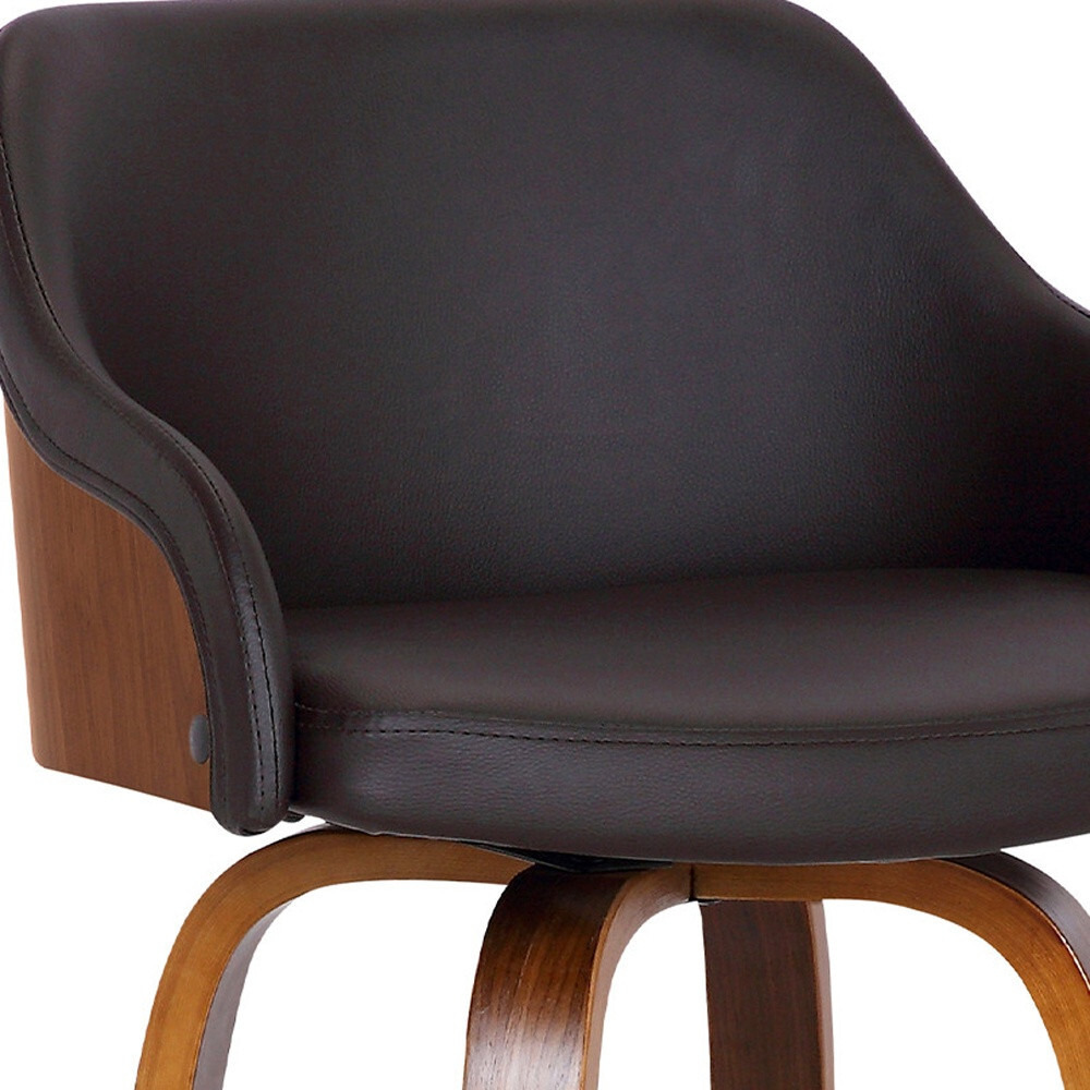 26"" Brown Swivel Faux Leather Walnut Wooden Bar Stool