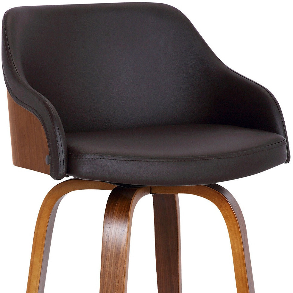 26"" Brown Swivel Faux Leather Walnut Wooden Bar Stool