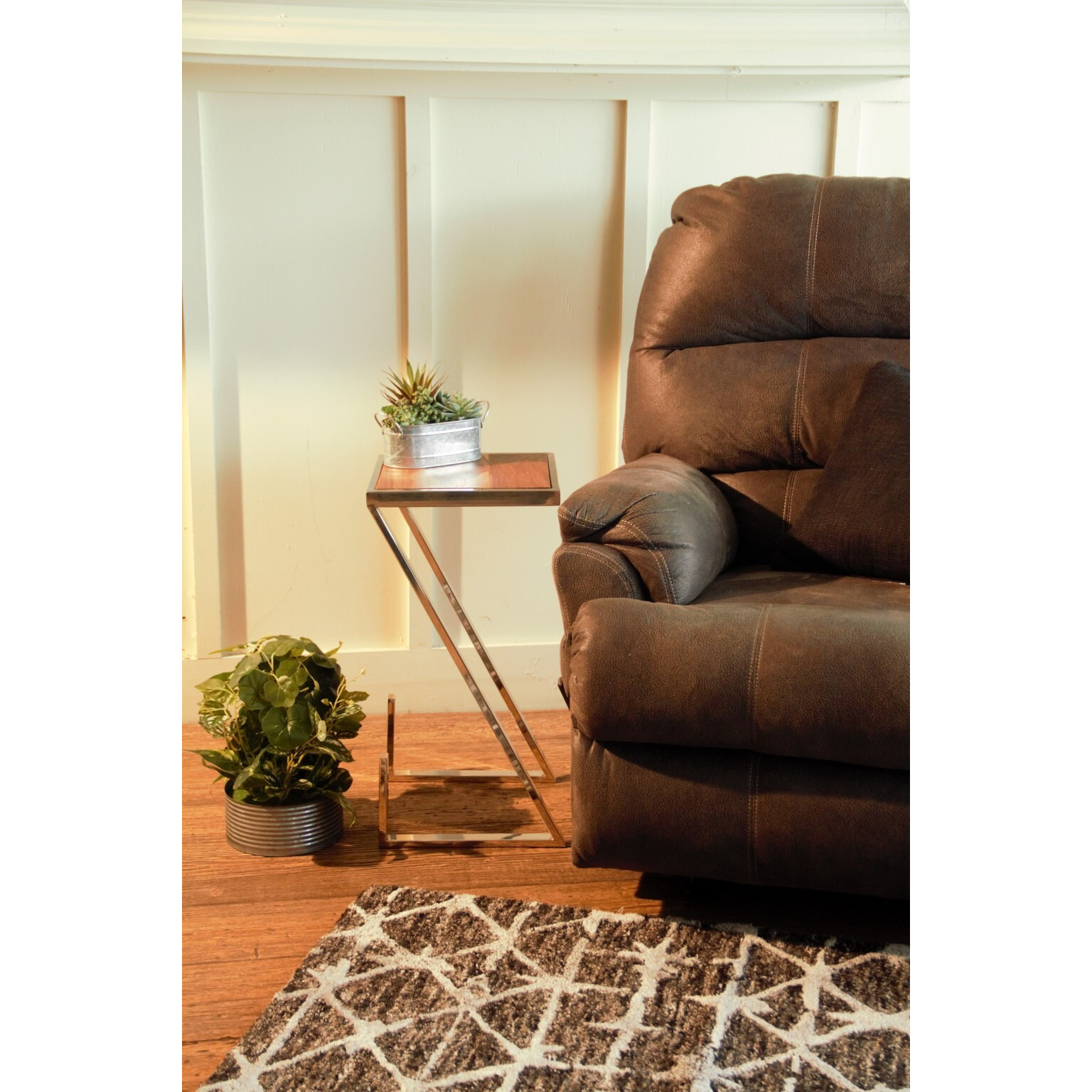 Stylish Asymmetrical Wood And Metal Z Shaped Side Table