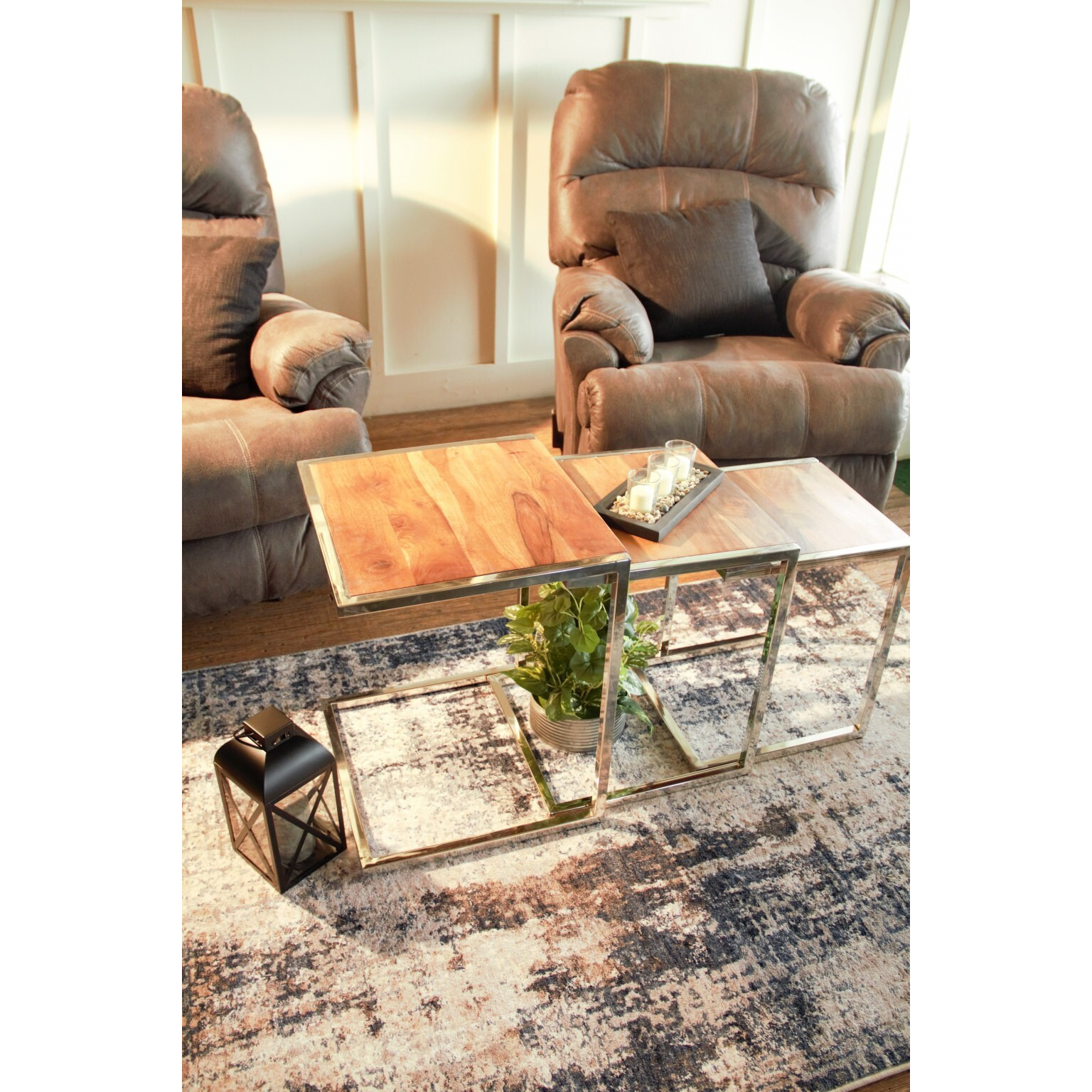 Set Of Three Stylish Wood And Metal C Shaped Nesting End Tables