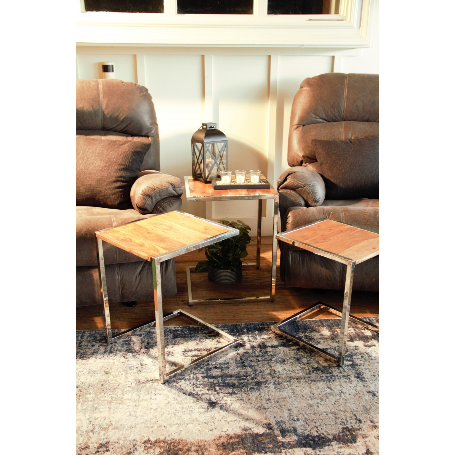Set Of Three Stylish Wood And Metal C Shaped Nesting End Tables
