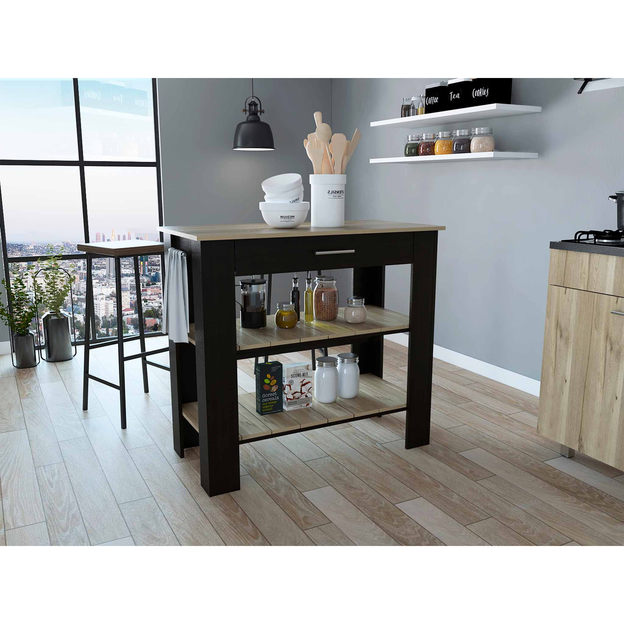 Light Oak And Black Kitchen Island With Drawer And Two Open Shelves