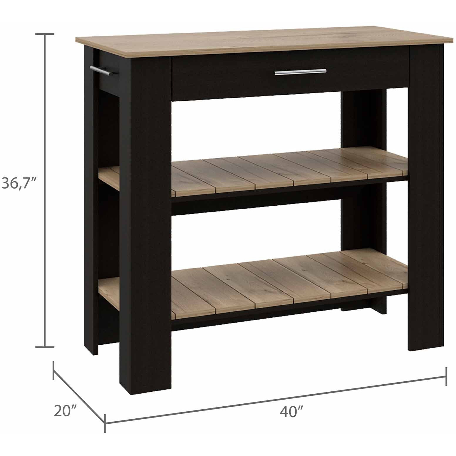 Light Oak And Black Kitchen Island With Drawer And Two Open Shelves