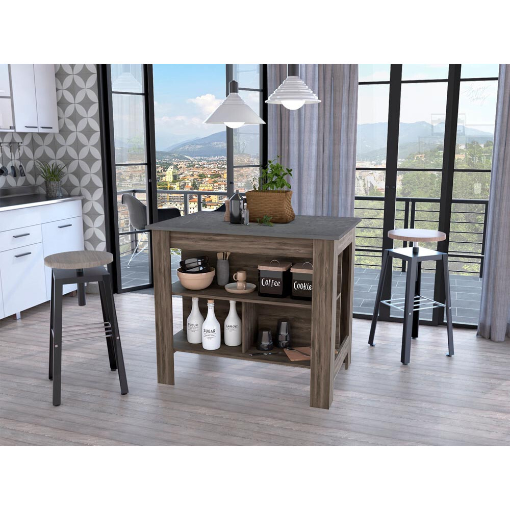 Dark Brown And Onyx Kitchen Island With Three Storage Shelves