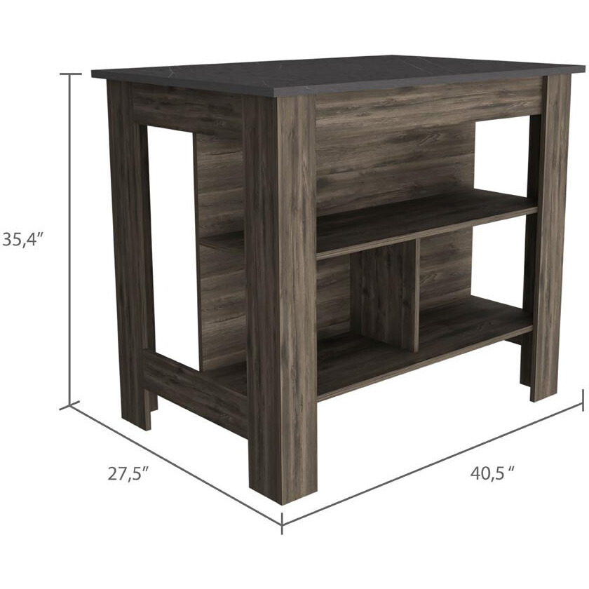 Dark Brown And Onyx Kitchen Island With Three Storage Shelves