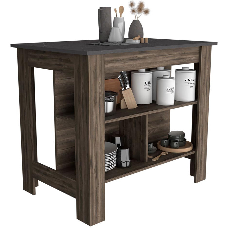 Dark Brown And Onyx Kitchen Island With Three Storage Shelves