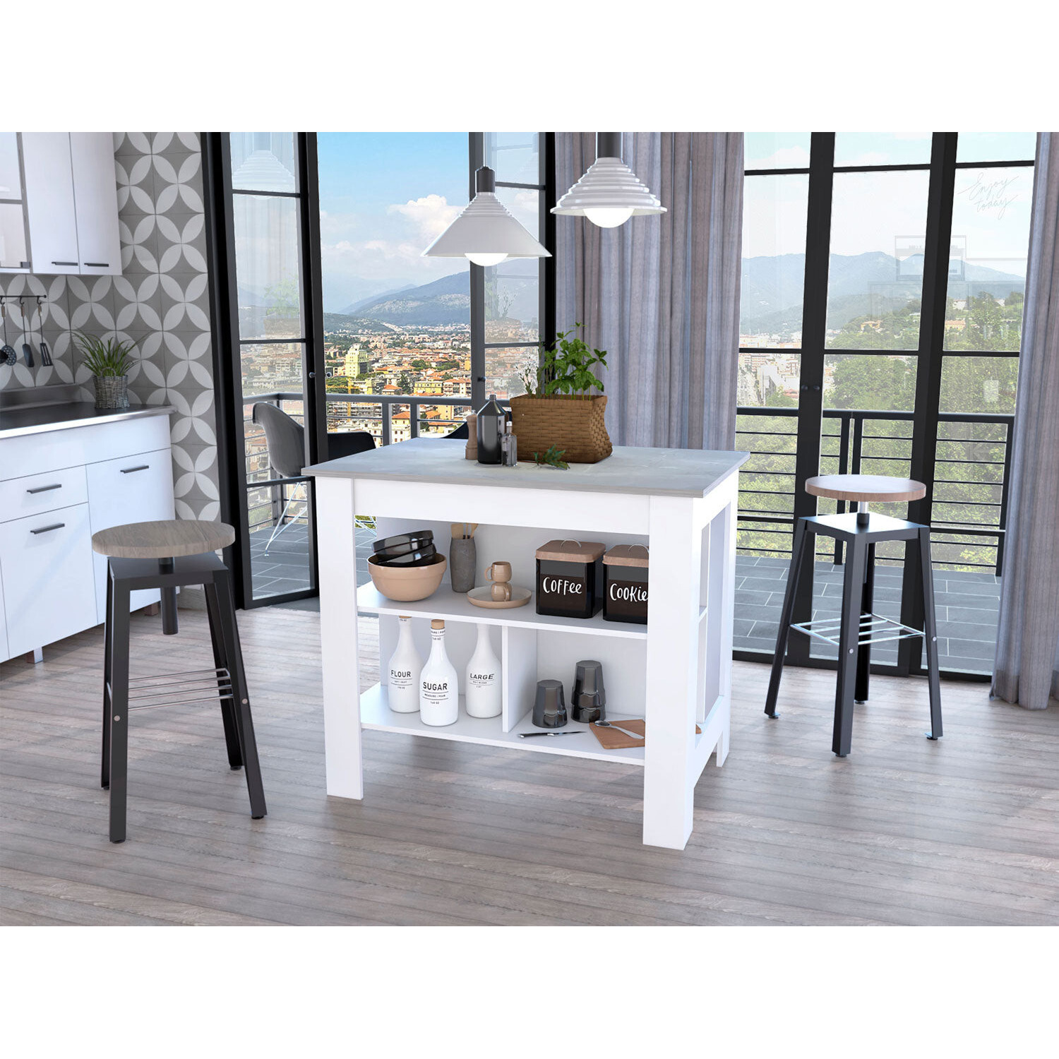 Marble And White Kitchen Island With Three Storage Shelves