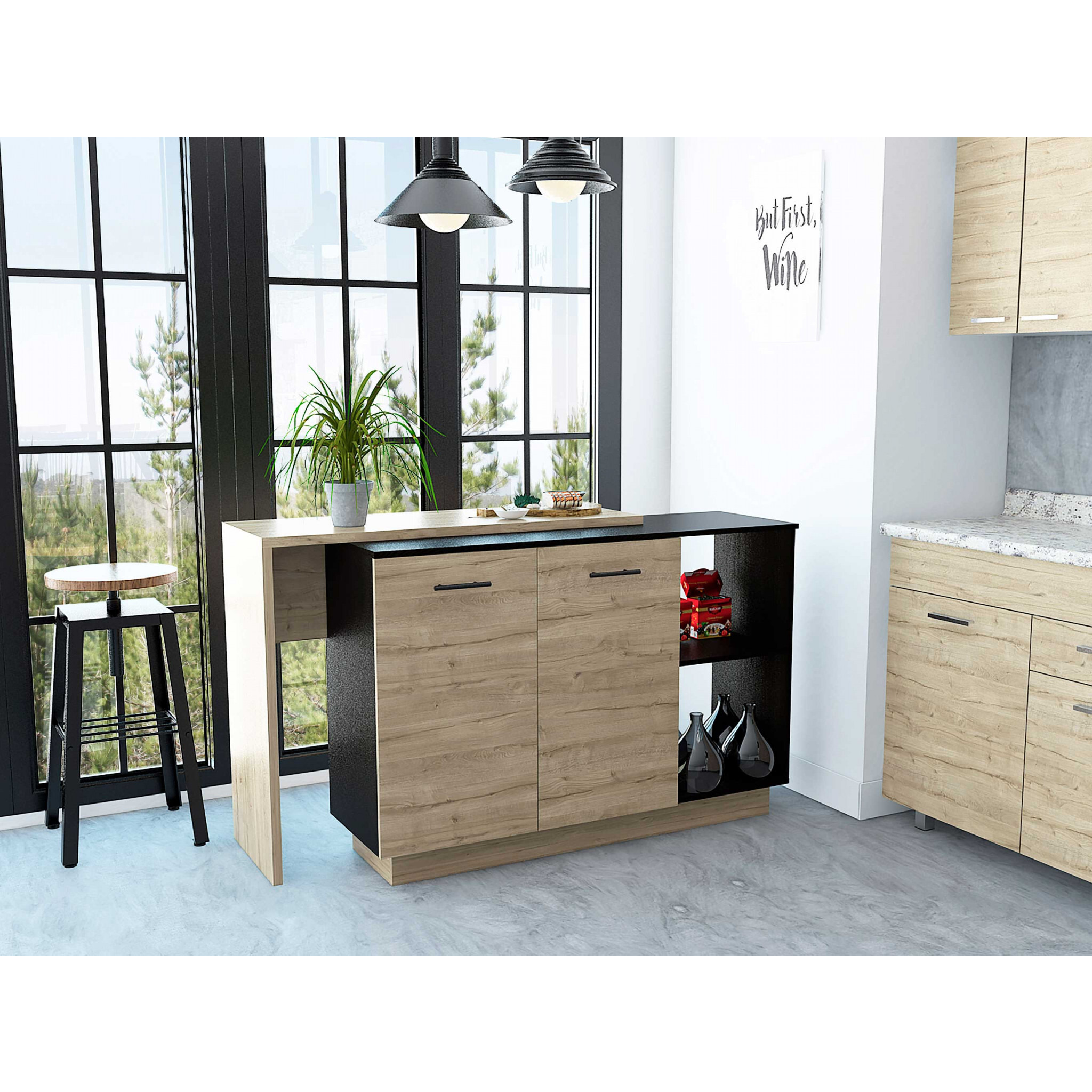 Black And Light Oak Contemporary Kitchen Island With Bar Table