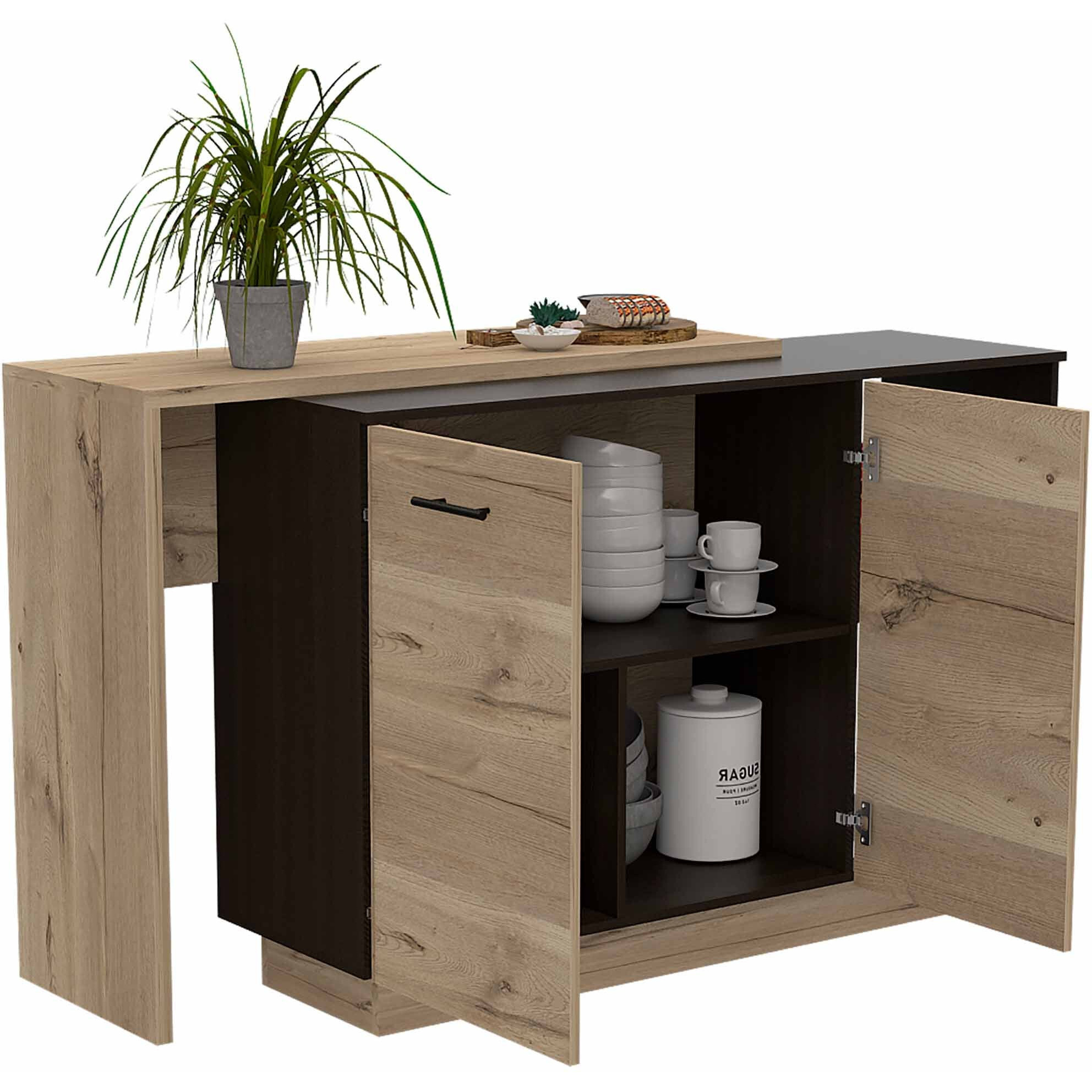 Black And Light Oak Contemporary Kitchen Island With Bar Table