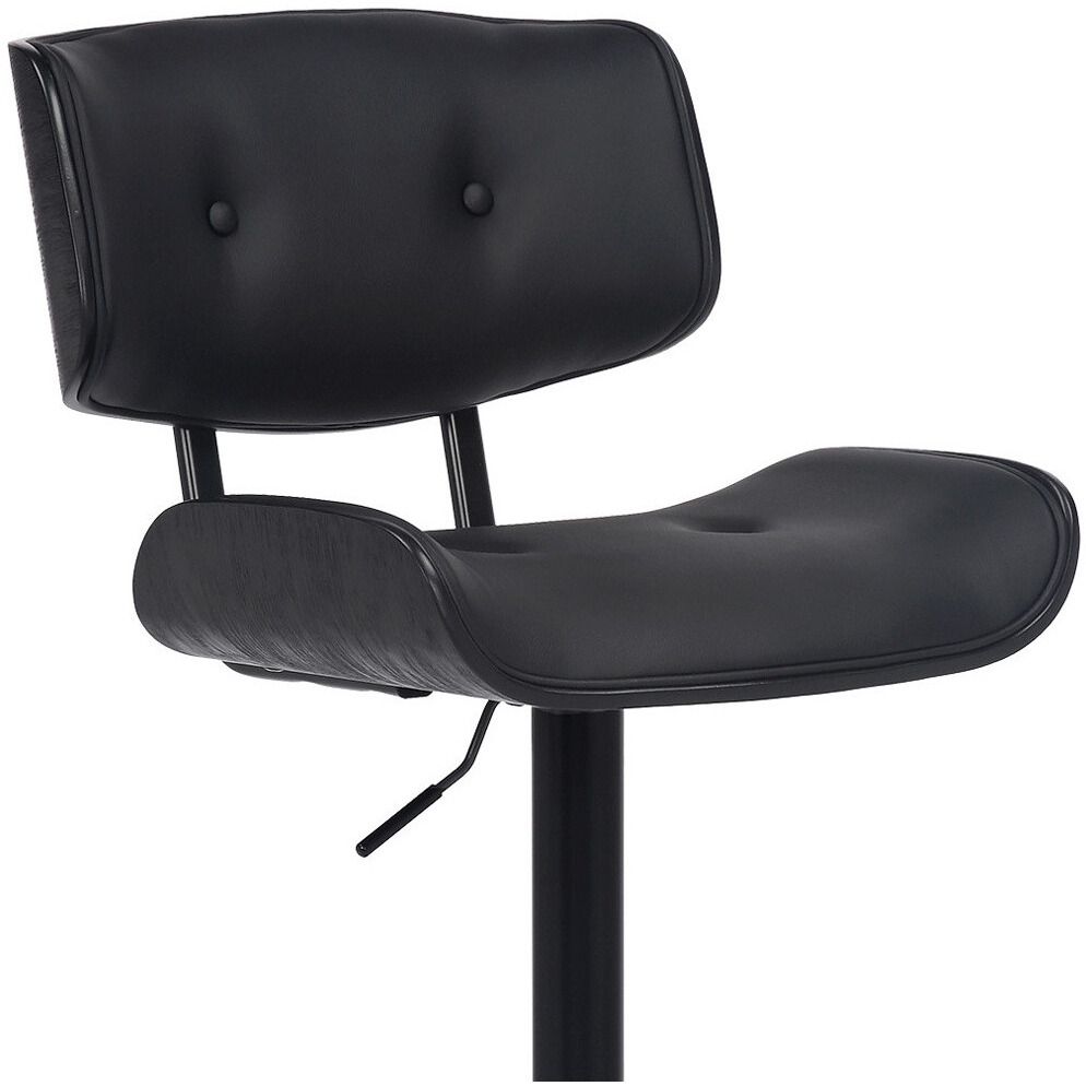 Adjustable Black Tufted Faux Leather And Black Wood Swivel Barstool.