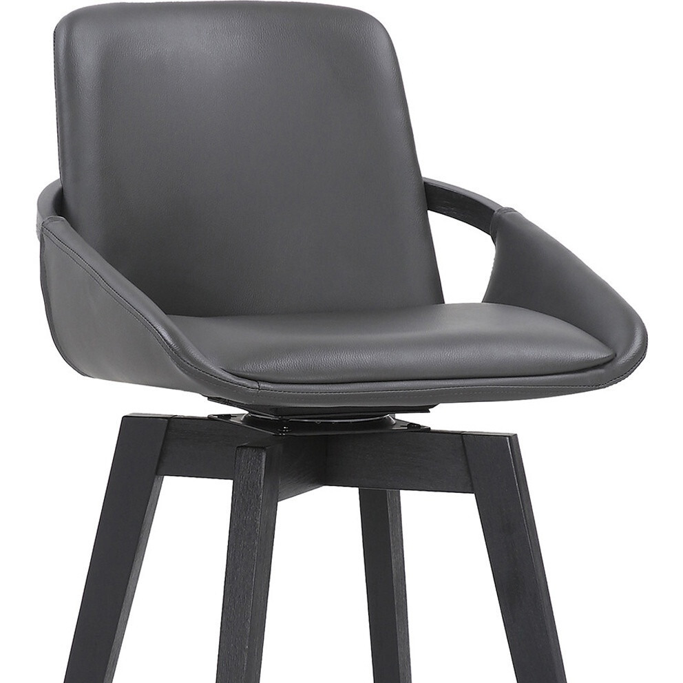 30"" Luxurious Grey Faux Leather And Black Wood Swivel Bar Stool