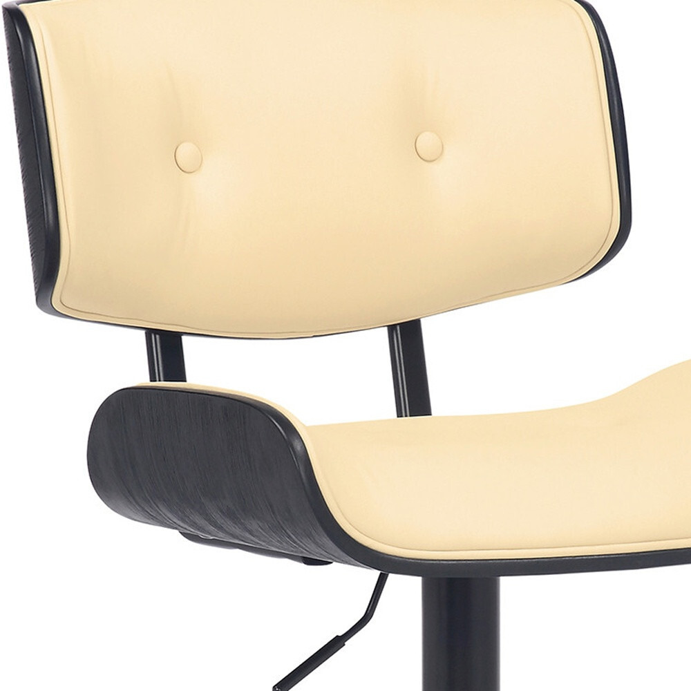 Adjustable Cream Tufted Faux Leather And Black Wood Swivel Barstool.