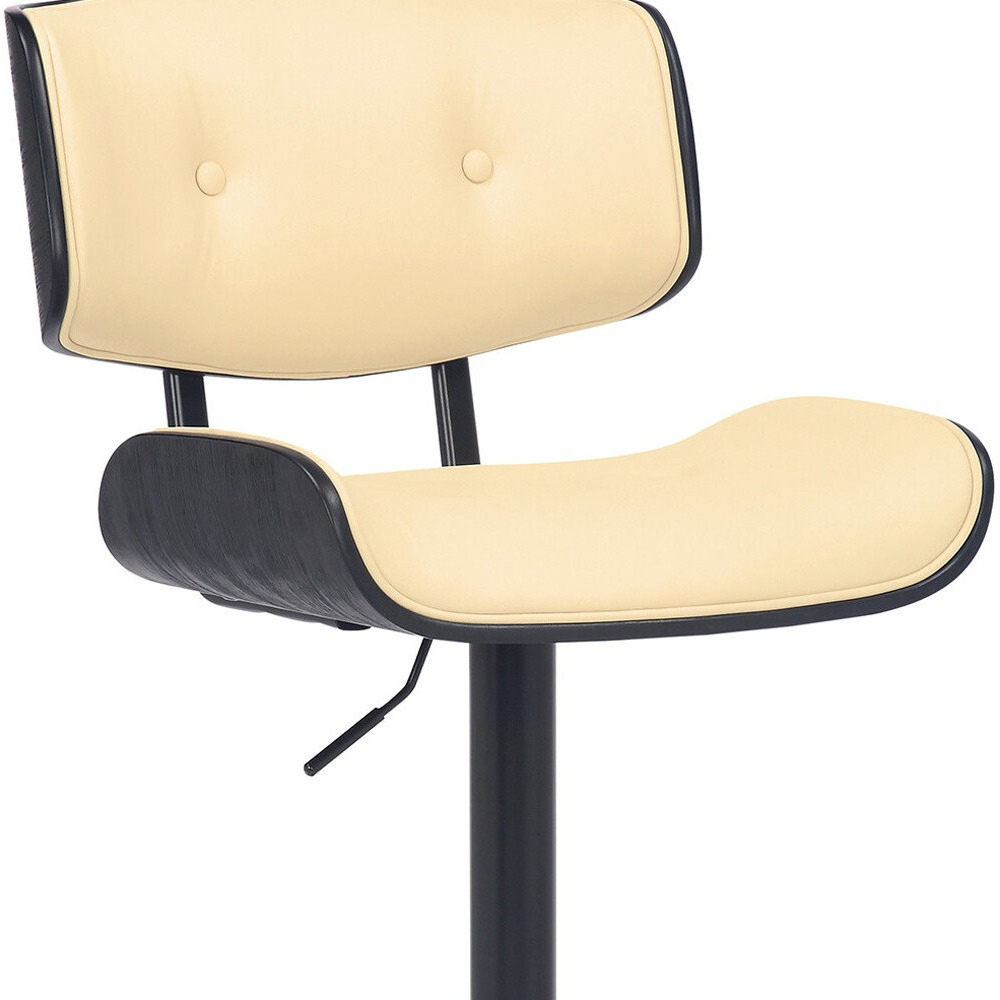 Adjustable Cream Tufted Faux Leather And Black Wood Swivel Barstool.