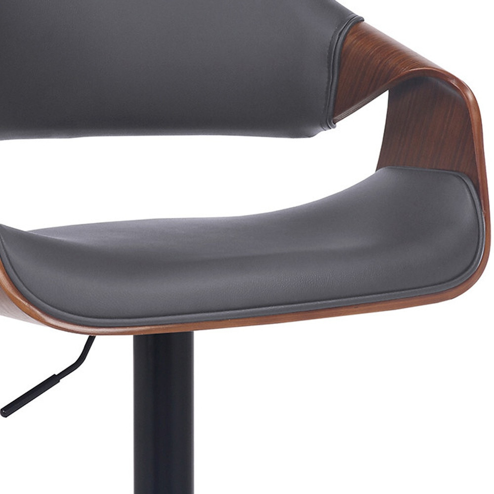 Grey Faux Leather Walnut Wood And Black Swivel Adjustable Bar Stool