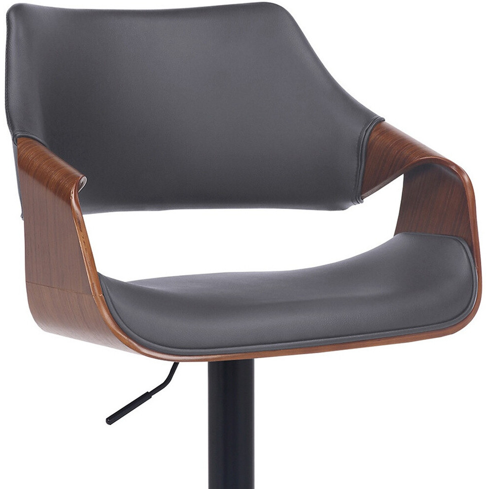 Grey Faux Leather Walnut Wood And Black Swivel Adjustable Bar Stool