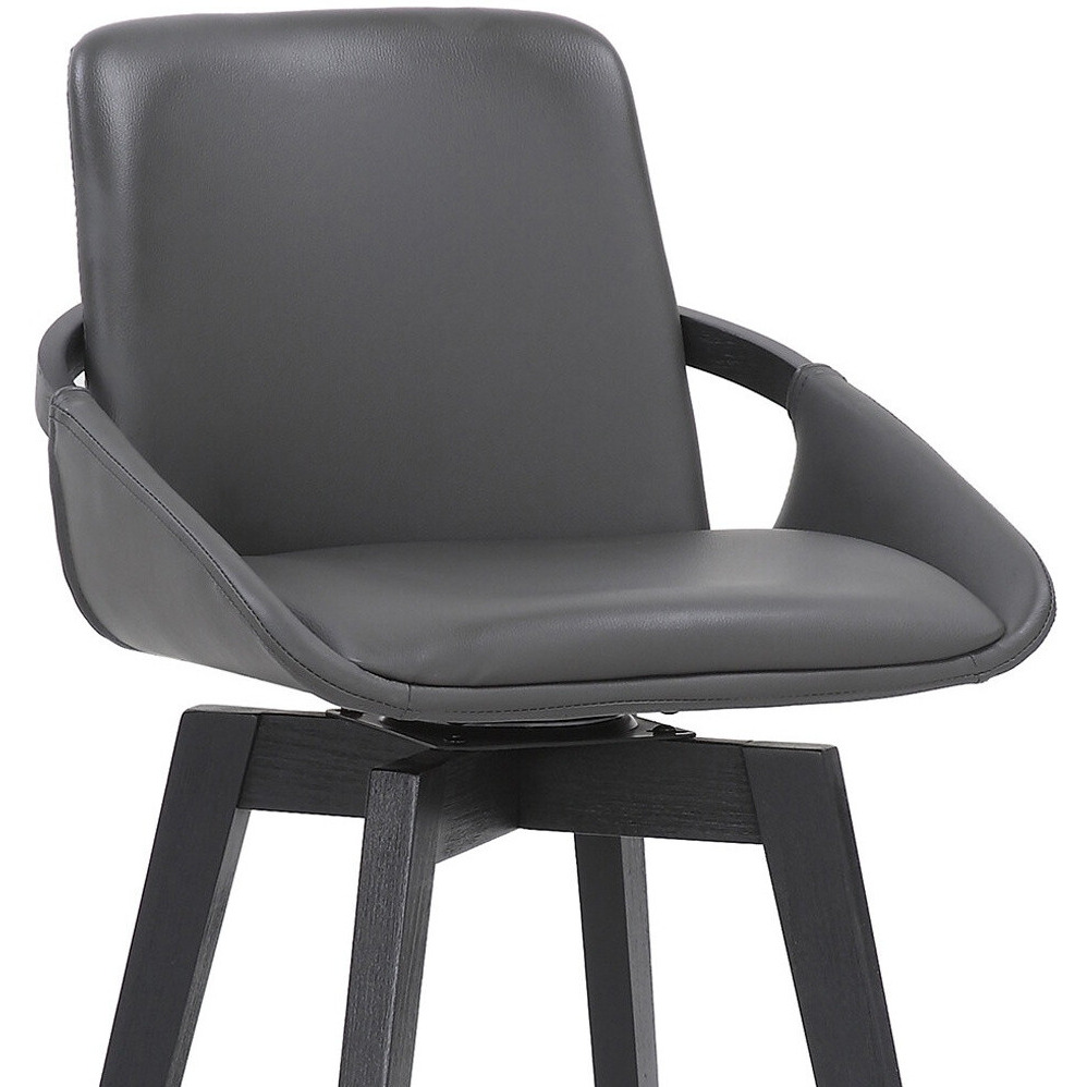 26"" Luxurious Grey Faux Leather And Black Wood Swivel Bar Stool