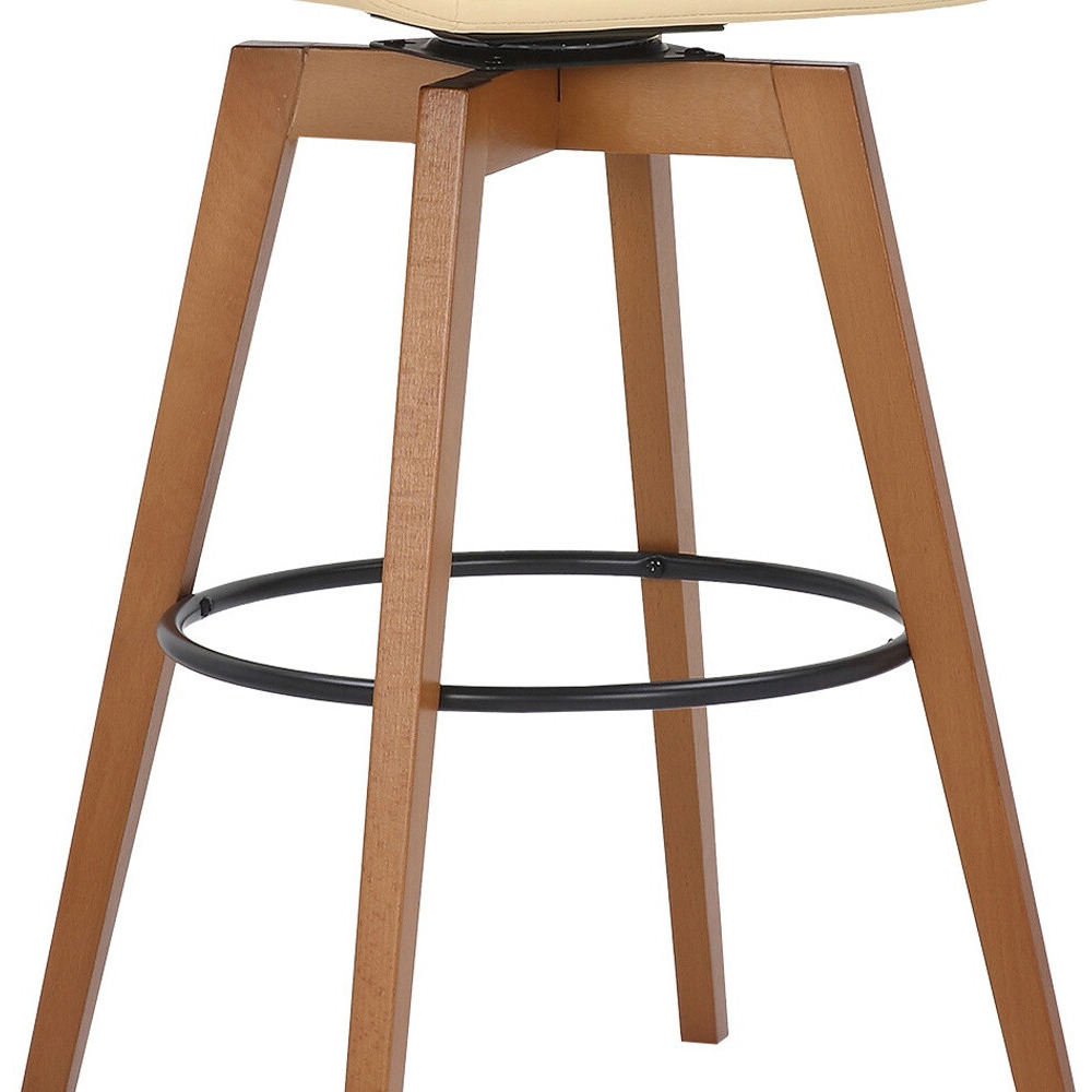 30"" Luxurious Cream Faux Leather And Walnut Swivel Bar Stool