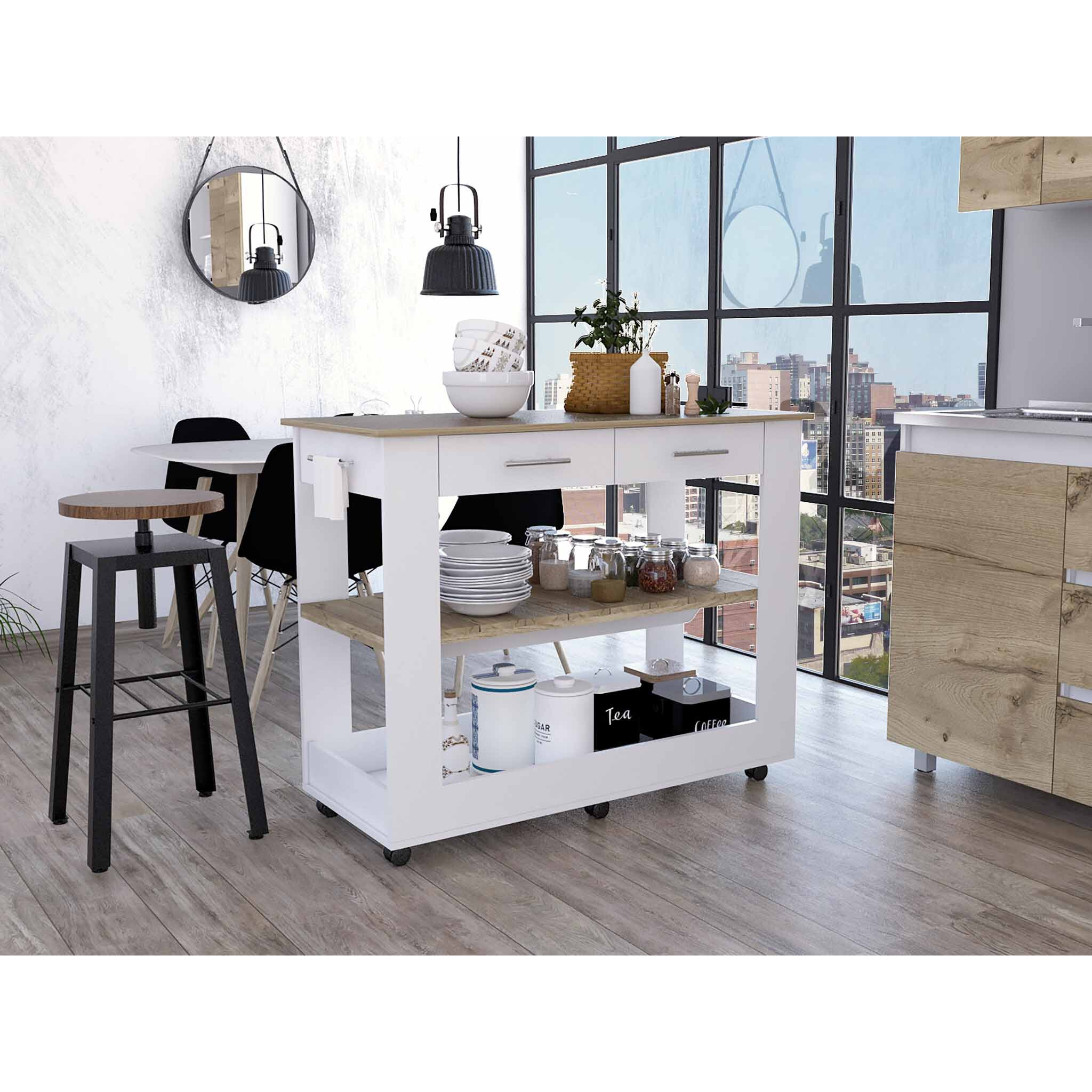 Light Oak And White Kitchen Island With Drawer Shelves And Casters