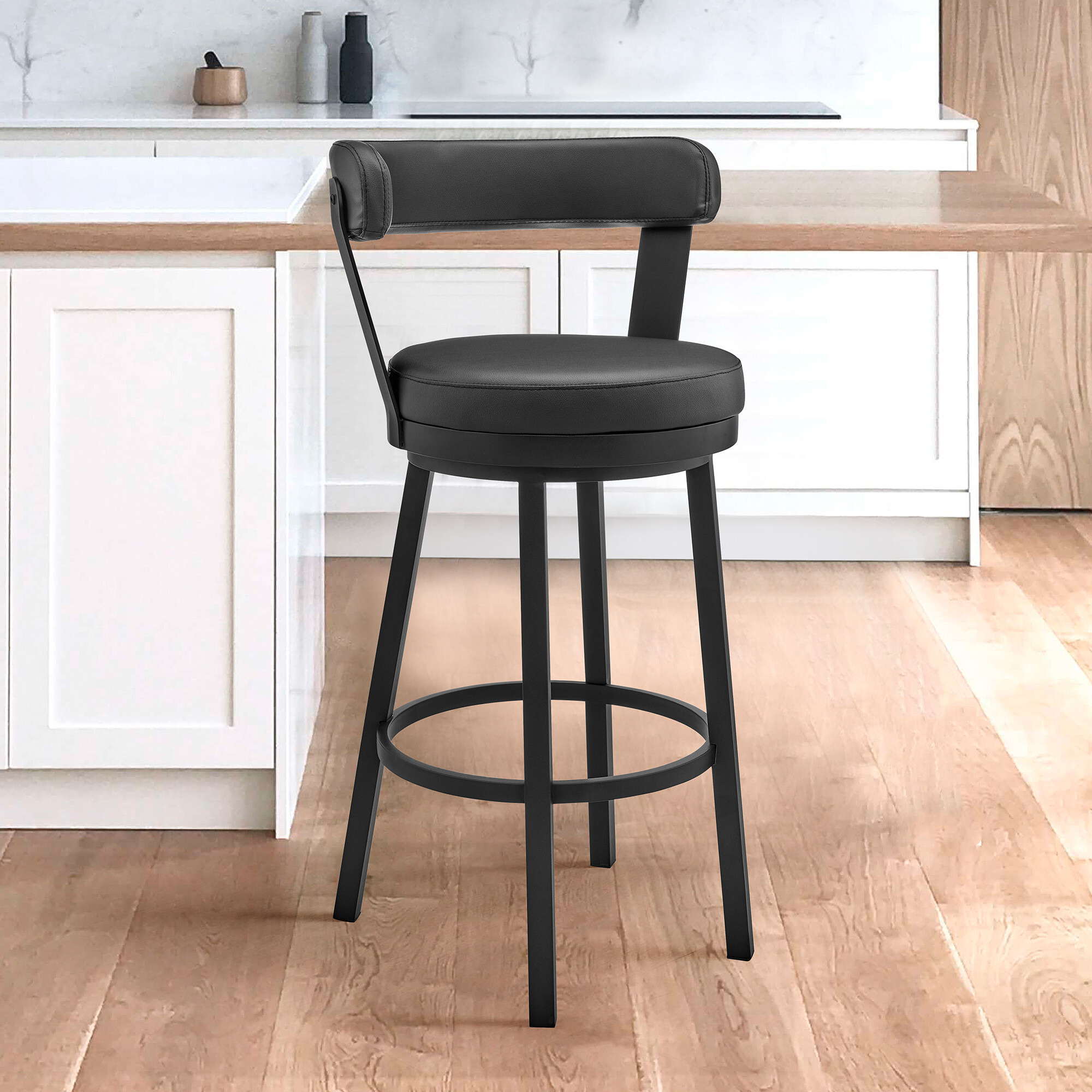 30"" Chic Black Faux Leather With Black Finish Swivel Bar Stool
