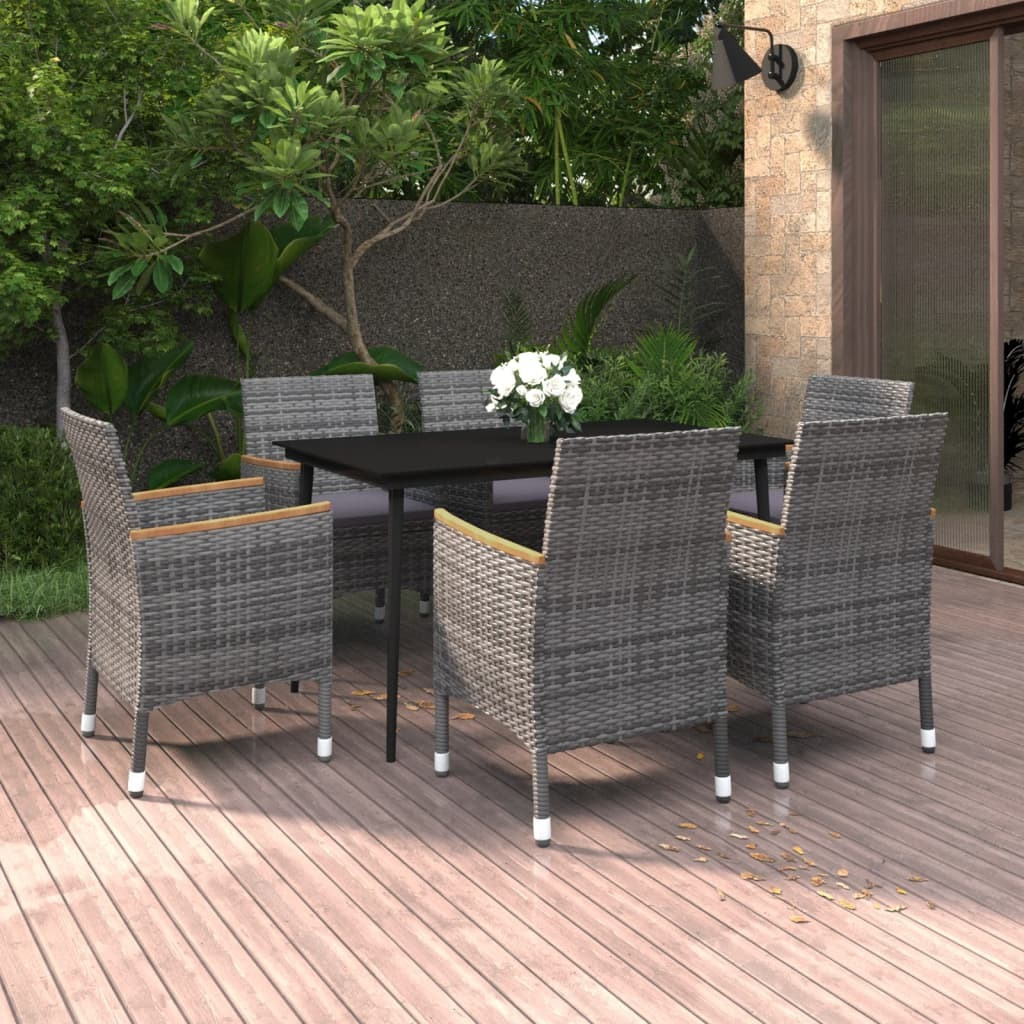 Vidaxl 7 Piece Patio Dining Set With Cushions Poly Rattan And Glass