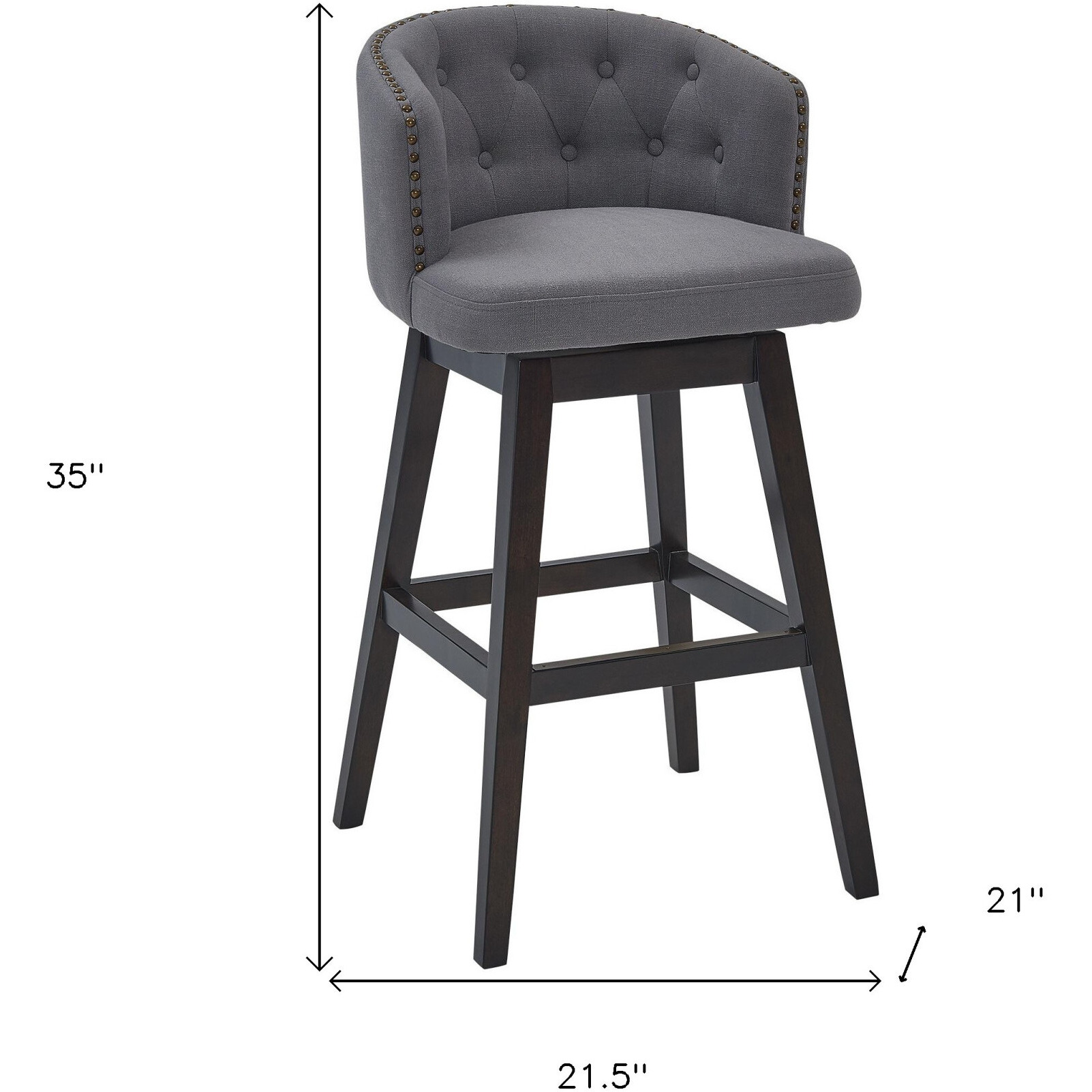 26"" Grey Tufted Fabric And Dark Espresso Wood Swivel Bar Stool