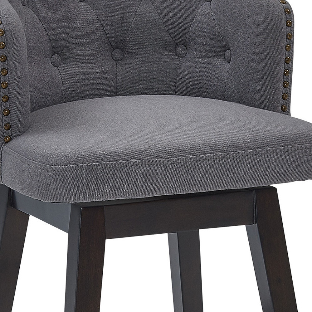 26"" Grey Tufted Fabric And Dark Espresso Wood Swivel Bar Stool