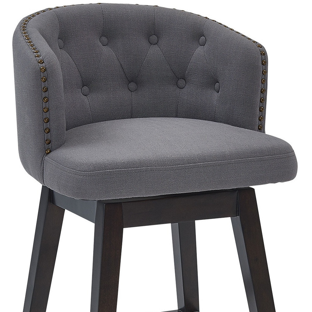 26"" Grey Tufted Fabric And Dark Espresso Wood Swivel Bar Stool