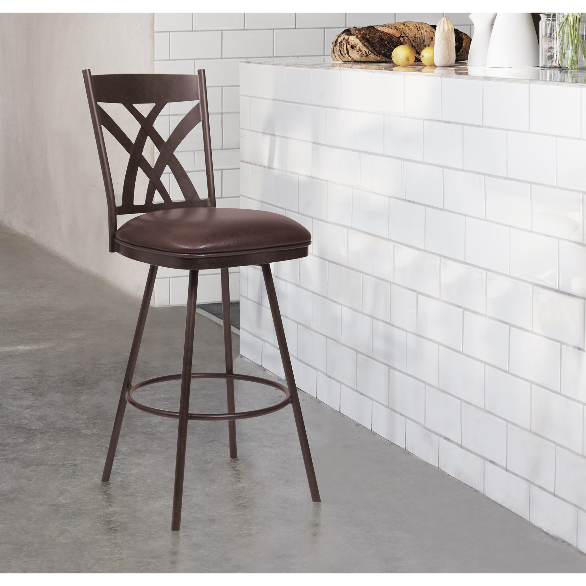 26"" Stylish Brown Faux Leather Brown Metal Lattice Back Swivel Bar Stool