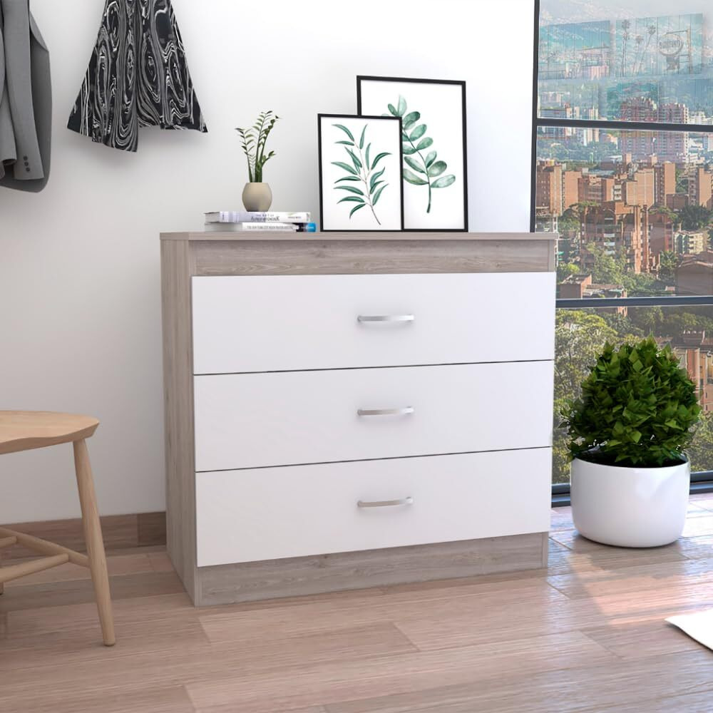 Three Drawer Dresser Lial  Superior Top  Metal Hardware  Light Gray  White Finish(D0102Hge63U)
