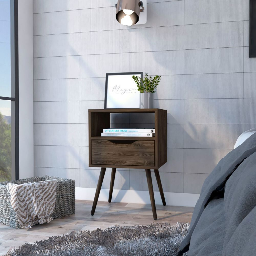 Nightstand Fugaz  Open Shelf  Single Drawer  Dark Walnut Finish(D0102Hgeyrv)