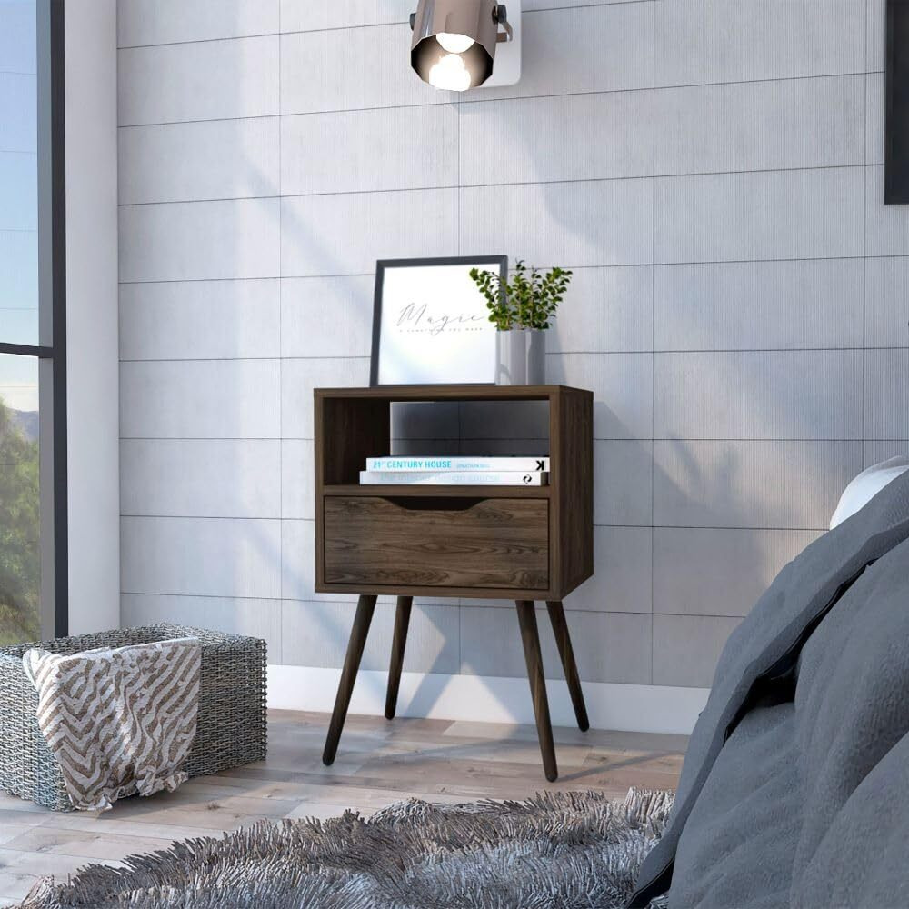 Nightstand Fugaz  Open Shelf  Single Drawer  Dark Walnut Finish(D0102Hgeyrv)