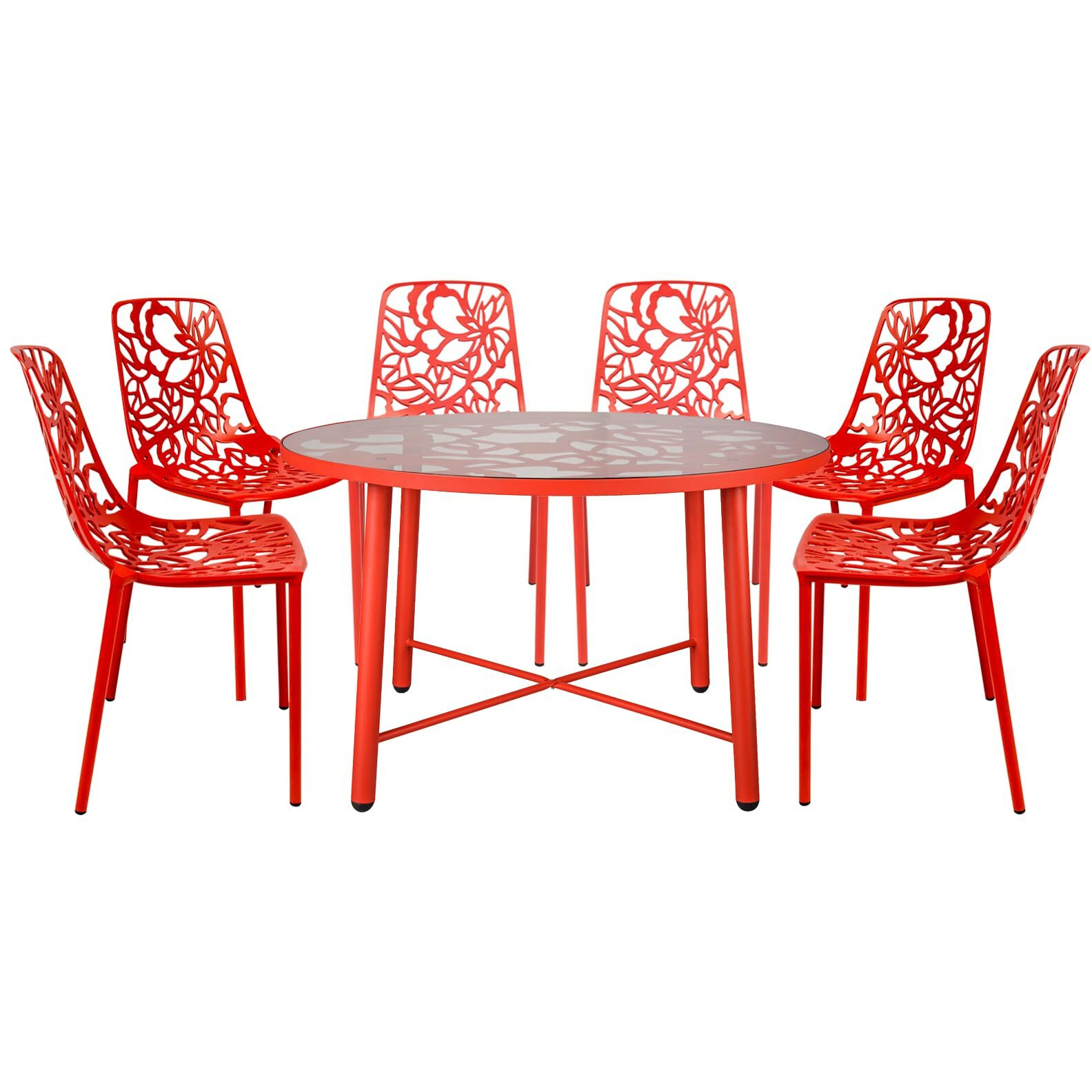 Leisuremod Devon Mid-Century Modern 7-Piece Aluminum Outdoor Patio Dining Set With Tempered Glass Top Table And 6 Stackable Flower Design Chairs For Patio  Poolside  Balcony  And Backyard Garden