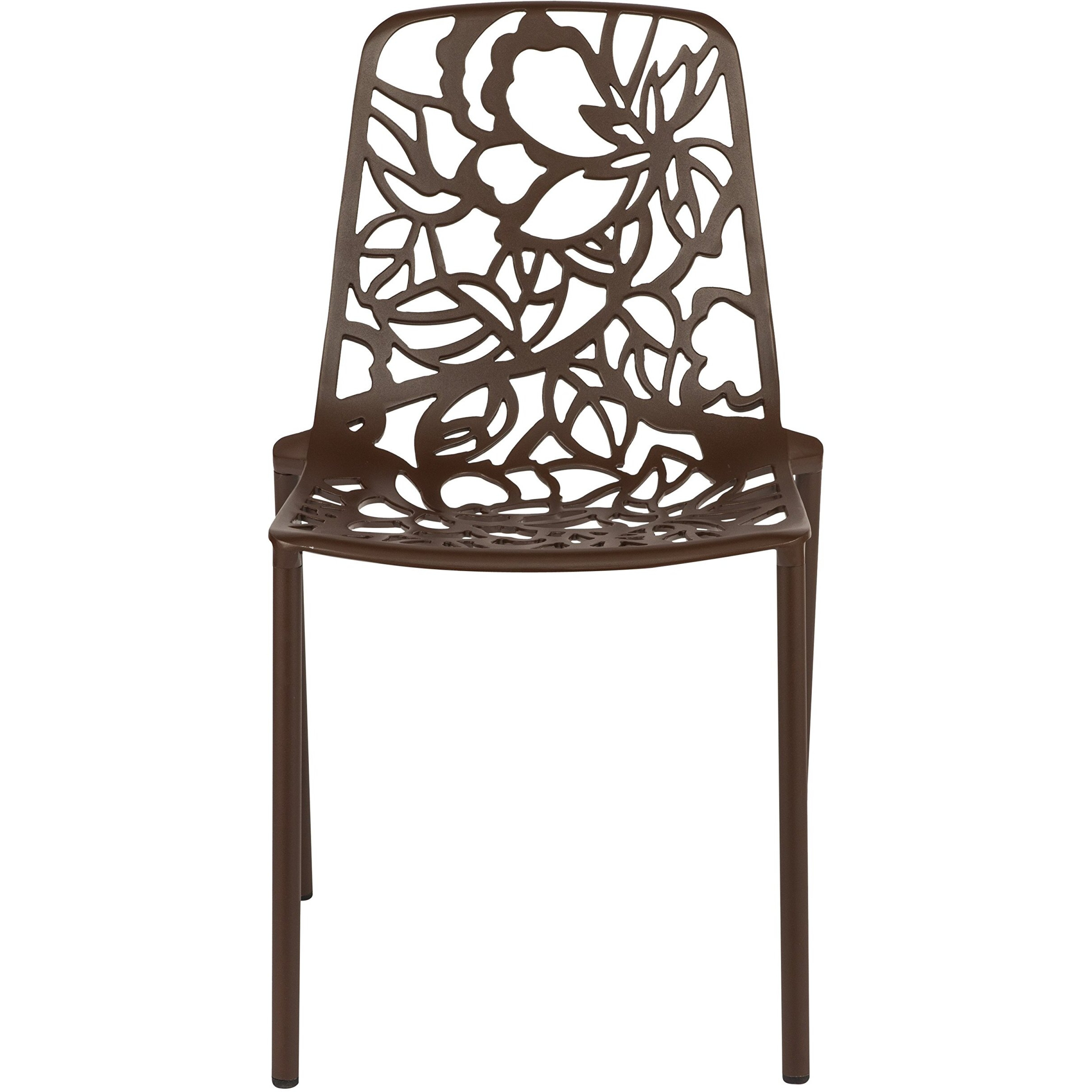 Leisuremod Devon Mid-Century Modern 7-Piece Aluminum Outdoor Patio Dining Set With Tempered Glass Top Table And 6 Stackable Flower Design Chairs For Patio  Poolside  Balcony  And Backyard Garden