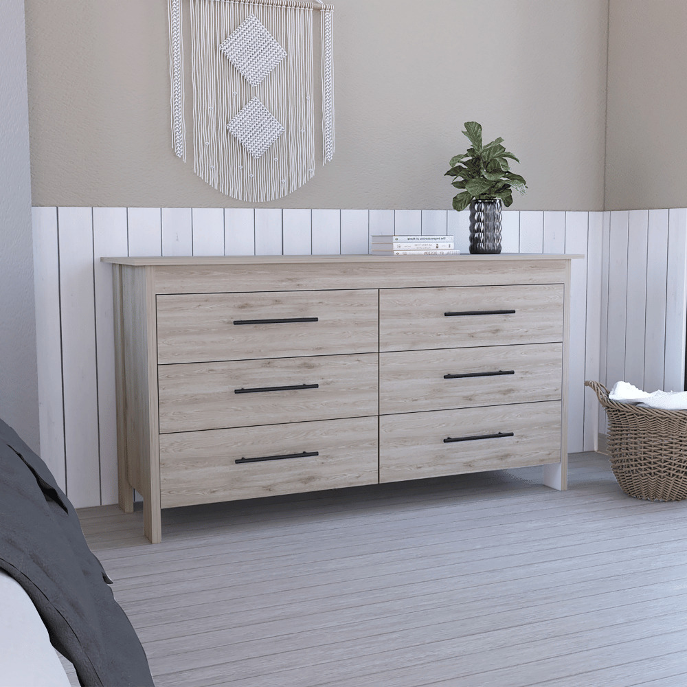 6 Drawer Double Dresser Wezz  Four Legs  Superior Top  Light Gray Finish(D0102Hged6W)