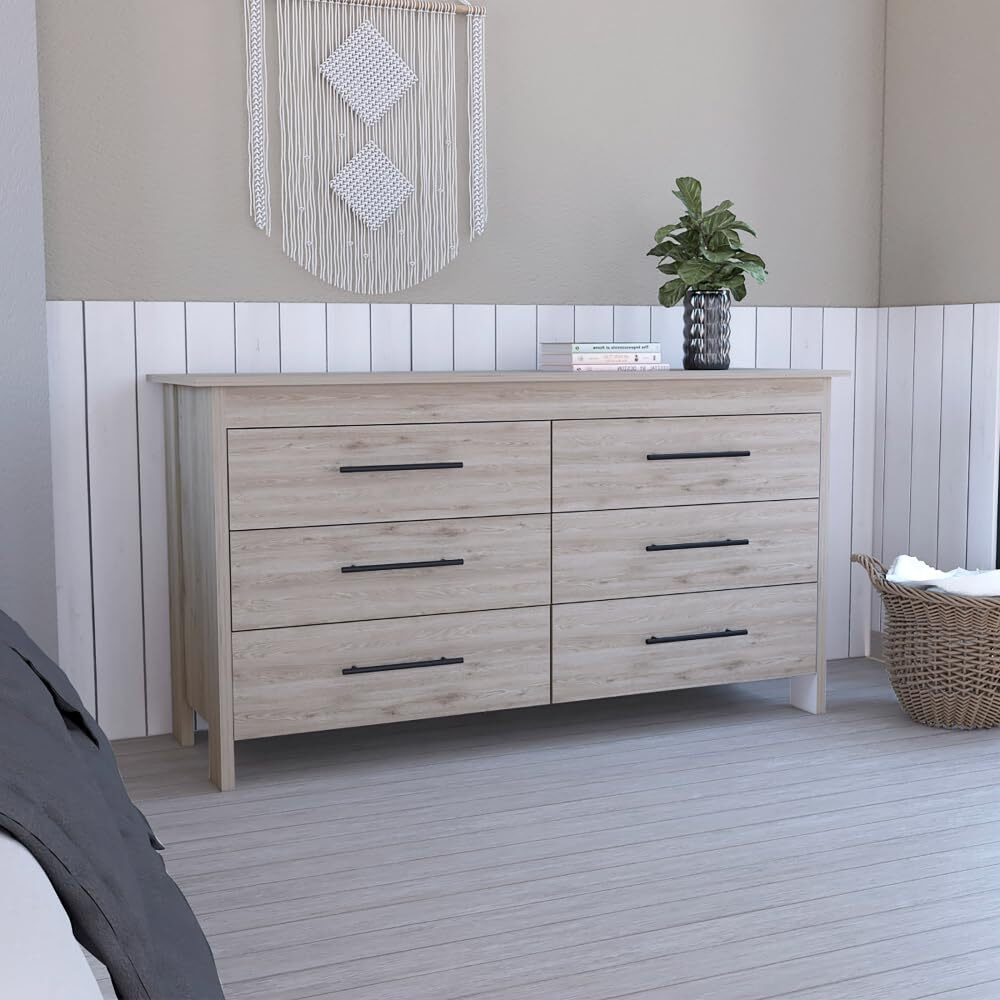 6 Drawer Double Dresser Wezz  Four Legs  Superior Top  Light Gray Finish(D0102Hged6W)