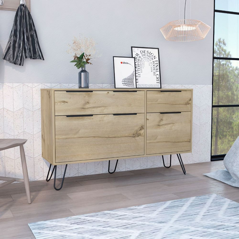 Double Dresser Skyoner  Superior Top  Hairpin Legs  Four Drawers  Light Oak Finish(D0102Hged37)