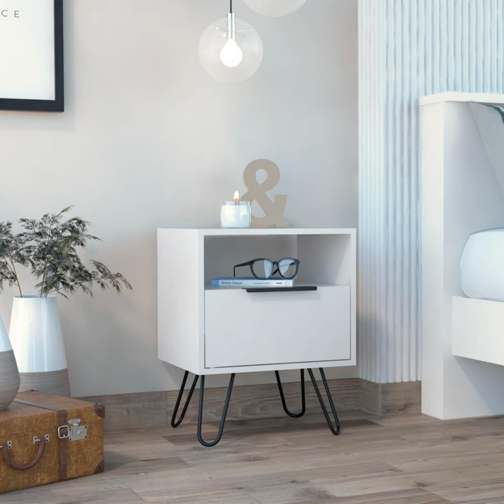 Nightstand Skyoner  Single Drawer  Hairpin Legs  White Finish(D0102Hgedtw)