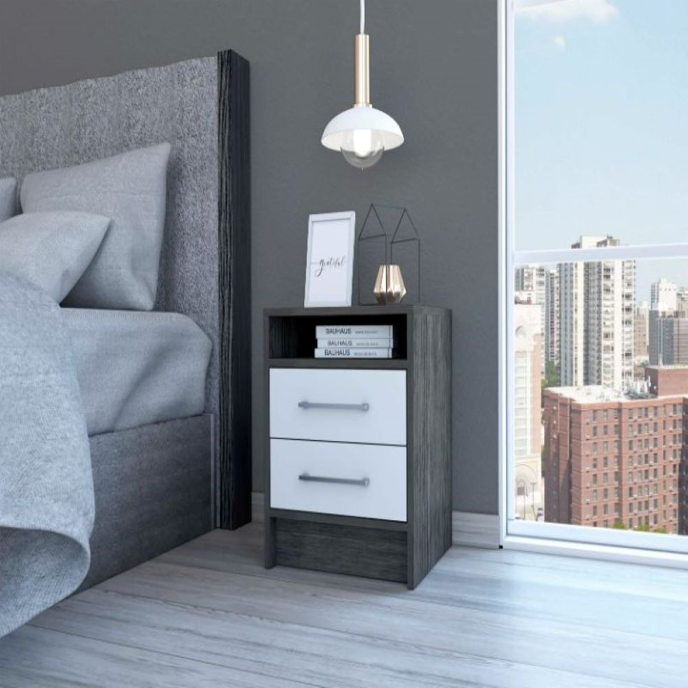 Nightstand Cartiz  Two Drawers  Smokey Oak  White Finish(D0102Hge62V)