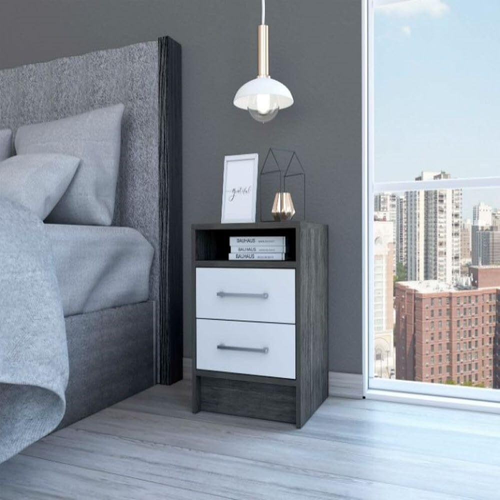 Nightstand Cartiz  Two Drawers  Smokey Oak  White Finish(D0102Hge62V)