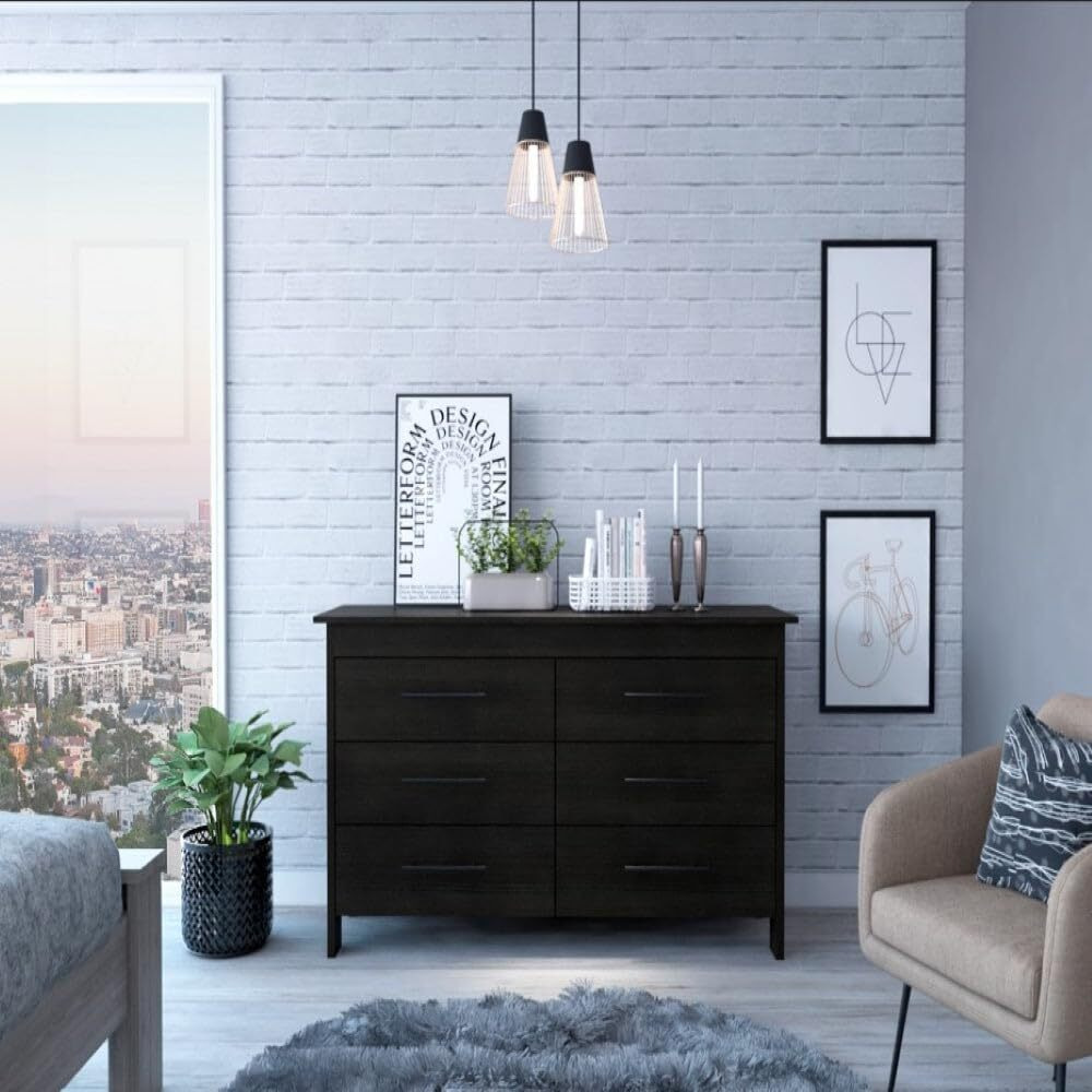 6 Drawer Double Dresser Wezz  Four Legs  Superior Top  Black Wengue Finish(D0102Hgemx7)