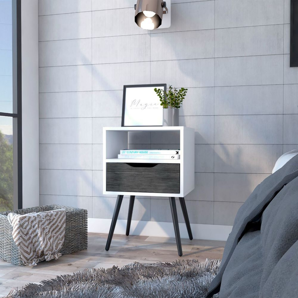 Nightstand Fugaz  Open Shelf  Single Drawer  Smokey Oak  White Finish(D0102Hgey2G)