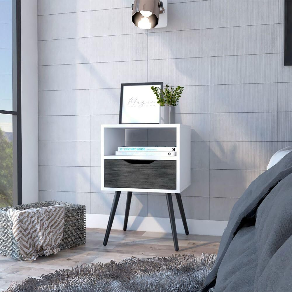 Nightstand Fugaz  Open Shelf  Single Drawer  Smokey Oak  White Finish(D0102Hgey2G)