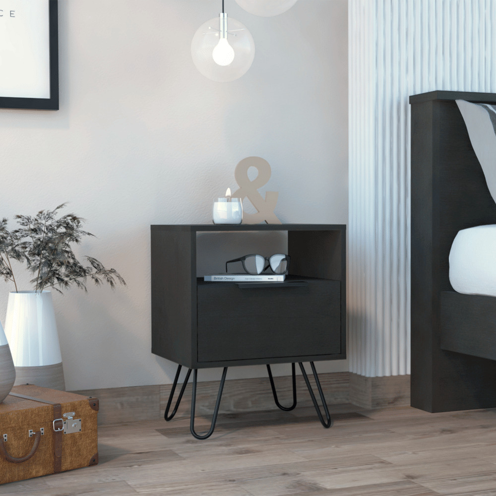 Nightstand Skyoner  Single Drawer  Hairpin Legs  Black Wengue Finish(D0102Hgedlu)