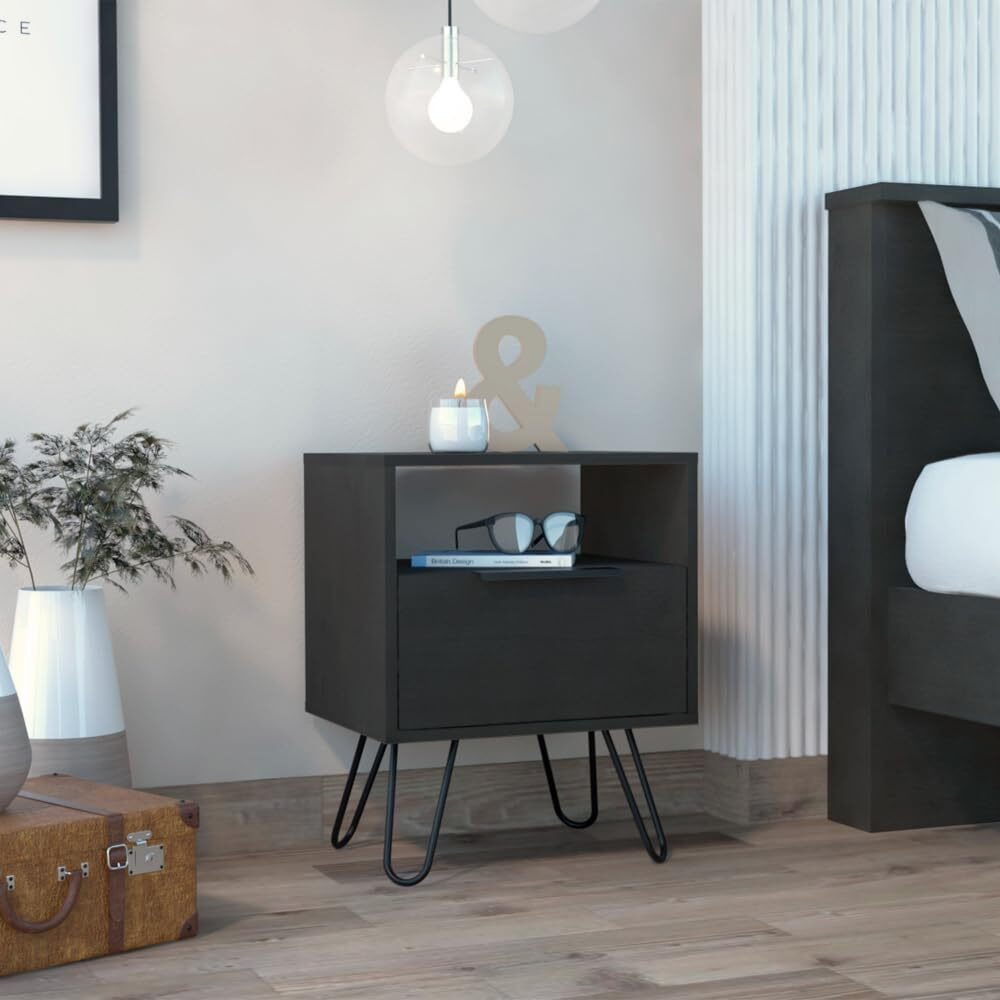 Nightstand Skyoner  Single Drawer  Hairpin Legs  Black Wengue Finish(D0102Hgedlu)