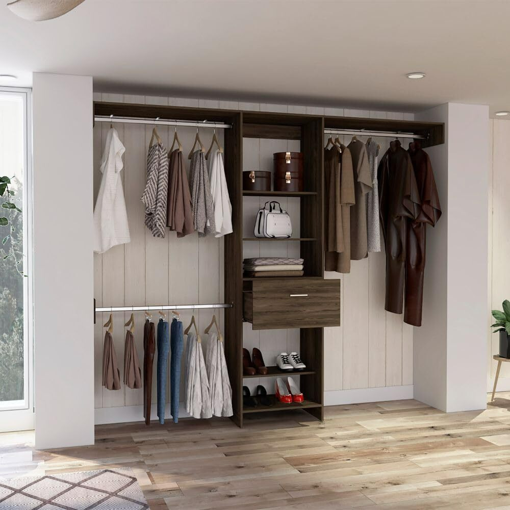 250 Closet System British  One Drawer  Three Metal Rods  Dark Walnut Finish(D0102Hge15U)