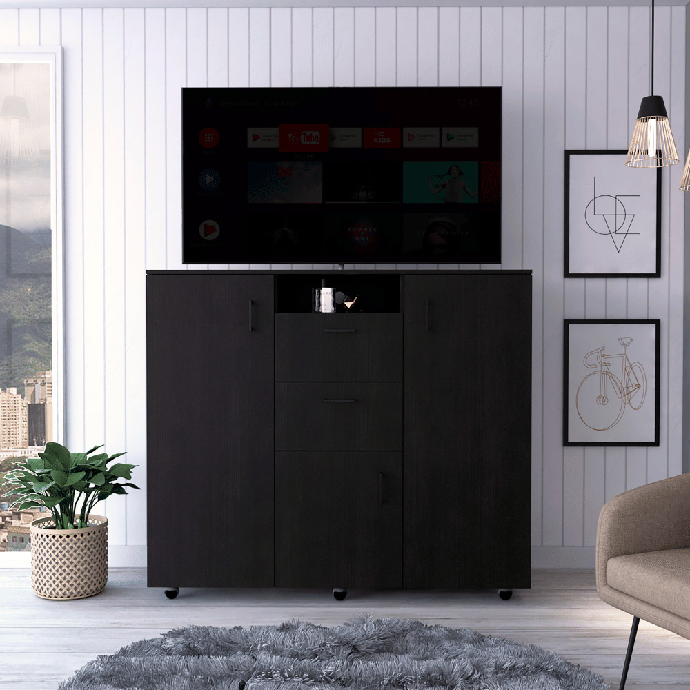 Double Door Cabinet Dresser Quizz  Two Drawers  Single Cabinet  Rod  Black Wengue Finish(D0102Hged8U)